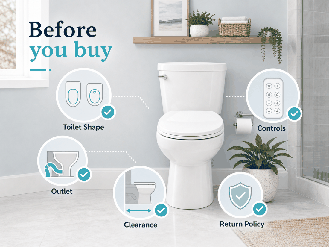 Illustrated bidet buying checklist showing toilet shape, outlet, clearance, controls, and return policy